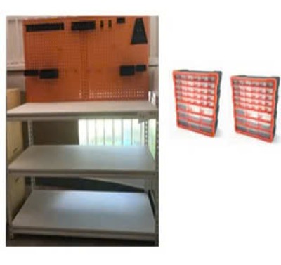 Kệ cơ khí chuẩn bị STEM LAB WORKSHOP kèm các hộp chứa linh kiện điện tử, nguyên liệu thực hành STEM MAKERSPACE khoa học